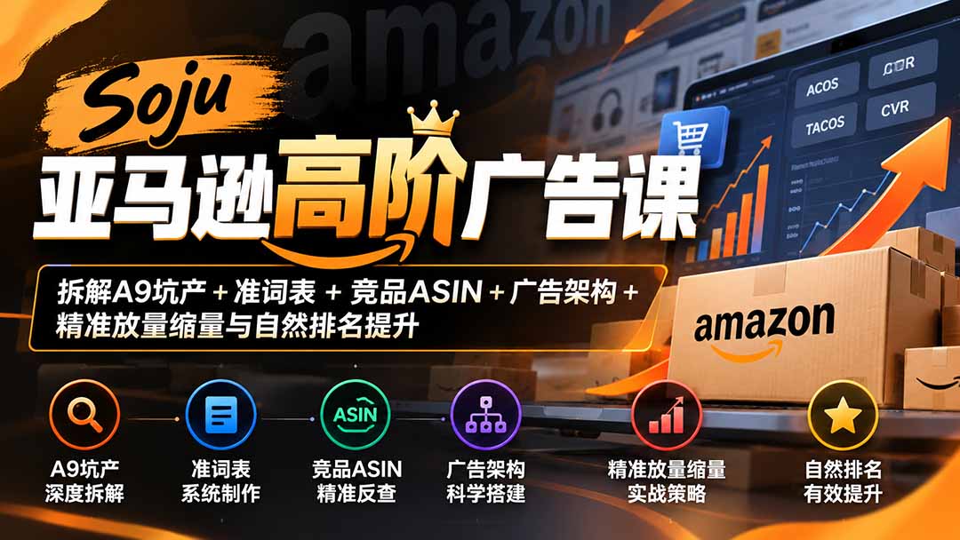 Soju亚马逊高阶广告课:拆解A9坑产+准词表+竞品ASIN+广告架构+精准放量缩量与自然排名提升-源创文化