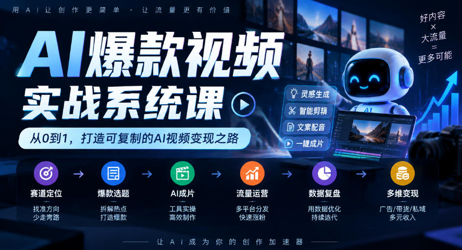 AI爆款视频实战系统课|赛道定位、爆款选题、AI成片、流量运营、数据复盘、多维变现全链路教学-源创文化