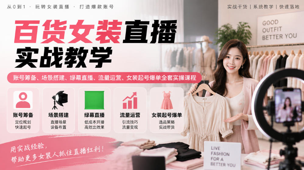 百货女装直播实战教学|账号筹备、场景搭建、绿幕直播、流量运营、女装起号爆单全套实操课程-源创文化