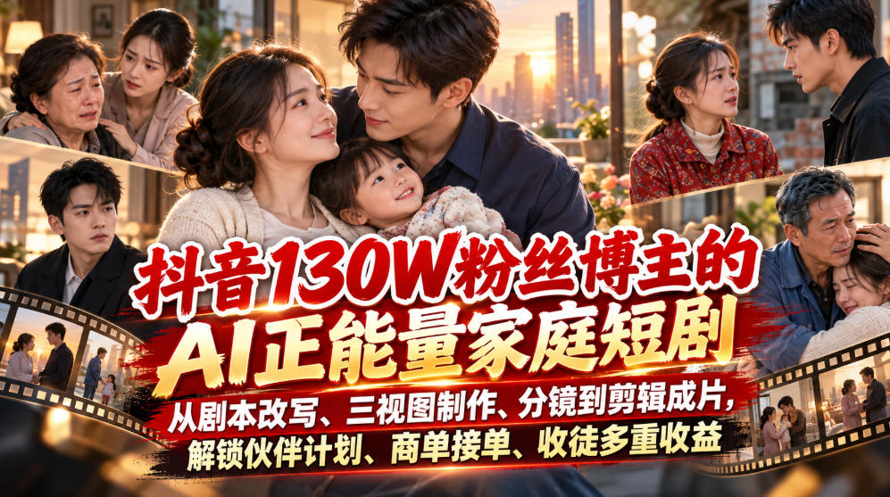 抖音130W粉丝博主的AI正能量家庭短剧,从剧本改写、三视图制作、分镜到剪辑成片,解锁伙伴计划、商单接单、收徒多重收益(更新1007)-源创文化