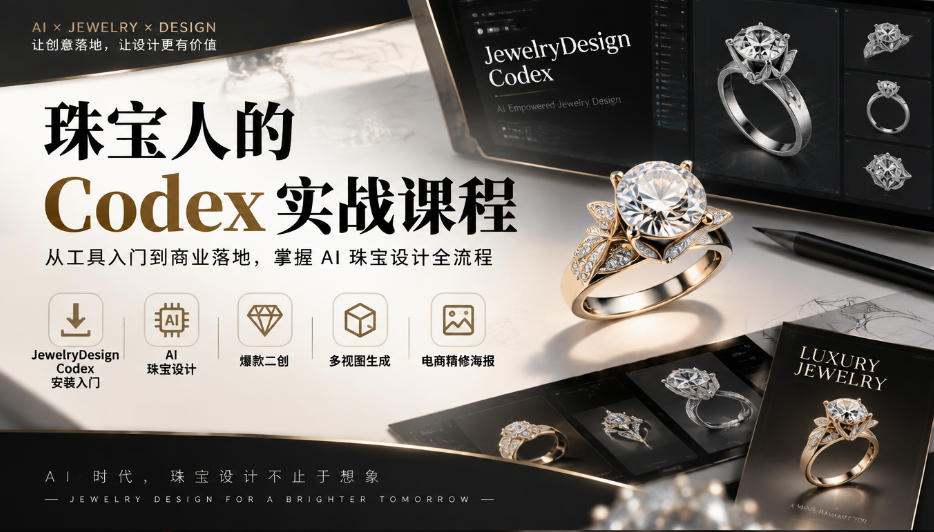 珠宝人的Codex实战课程|JewelryDesign Codex安装入门、AI珠宝设计、爆款二创、多视图生成、电商精修海报全链路教学-源创文化