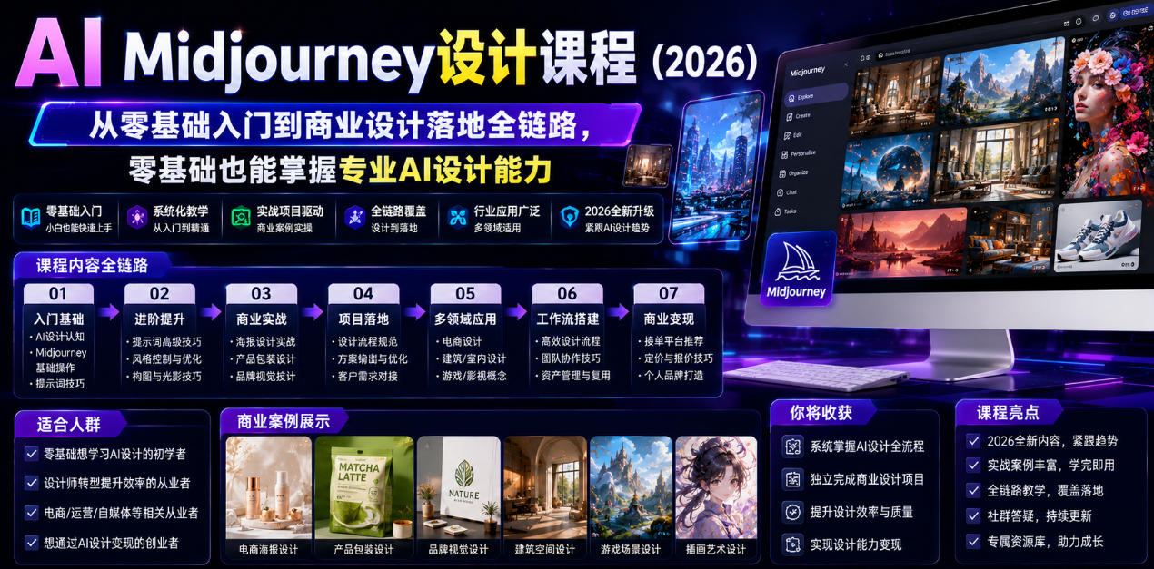 AI Midjourney设计课程(2026),从零基础入门到商业设计落地全链路,零基础也能掌握专业AI设计能力(更新1007)-源创文化