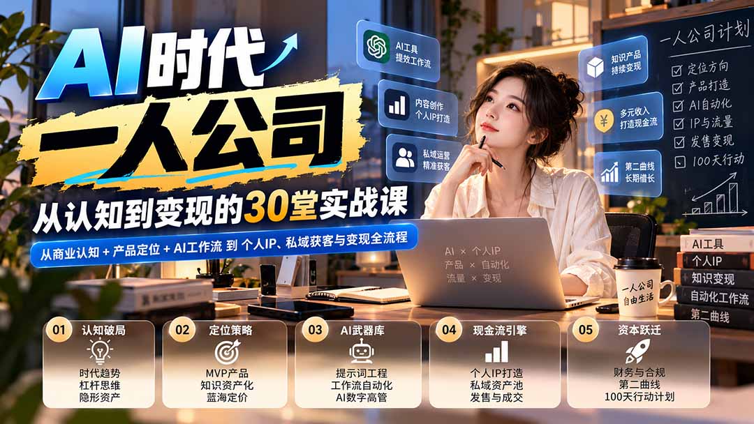 【无水印】AI时代一人公司30堂实战课:从商业认知+产品定位+AI工作流到个人IP、私域获客与变现全流程-源创文化