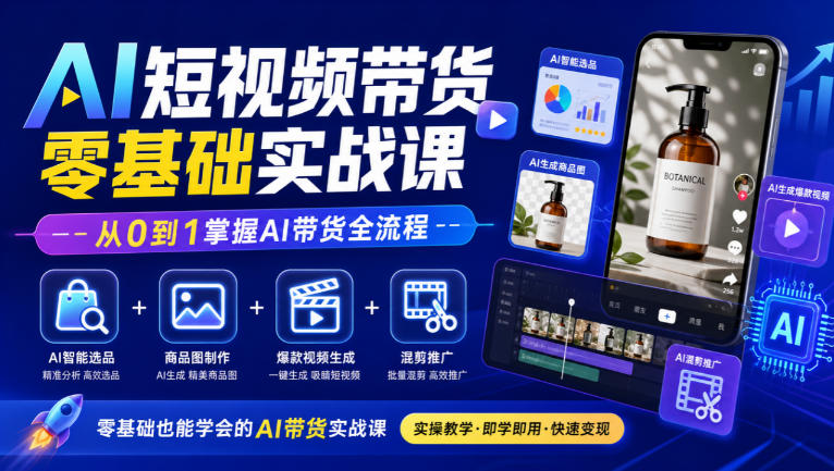 AI短视频带货零基础实战课|AI智能选品+商品图制作+爆款视频生成+混剪推广,从0到1掌握AI带货全流程-源创文化