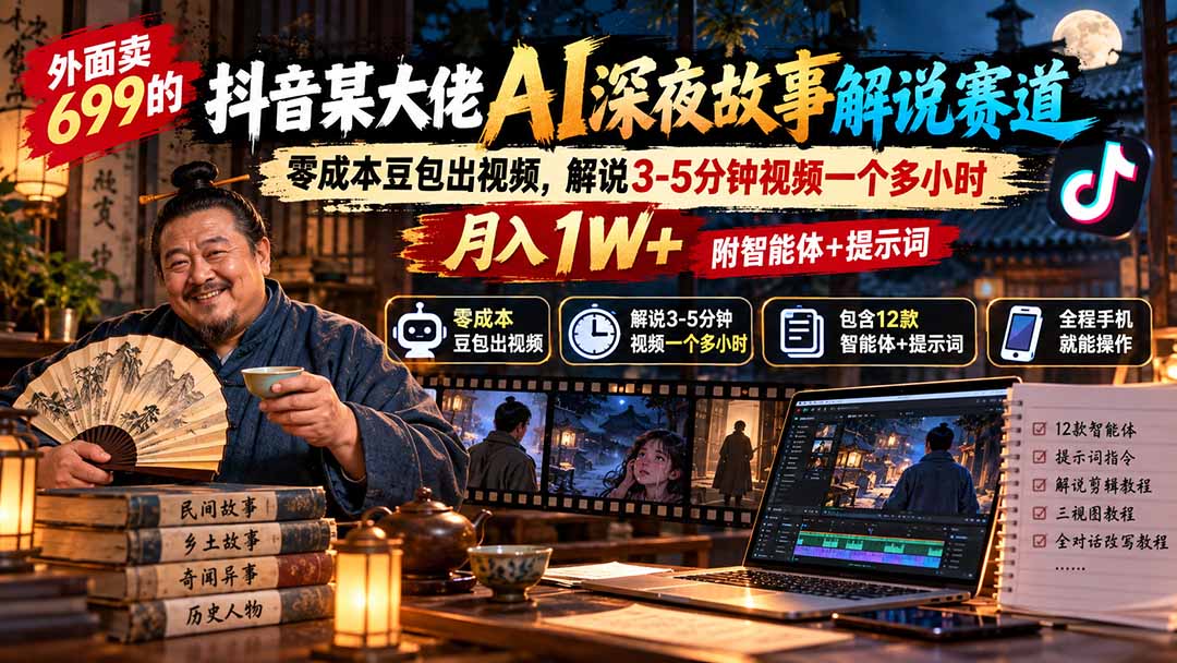 外面卖699抖音某大佬AI深夜故事解说赛道-更新:0成本豆包出视频+解说3-5分钟视频一个多小时,月入1W+附智能体+提示词-源创文化
