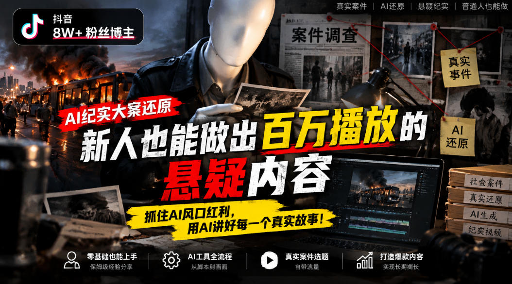 抖音8W粉丝博主的AI纪实大案还原教学,新人也能做出百W播放的悬疑内容,抓住AI风口红利,用AI讲好每一个真实故事-源创文化