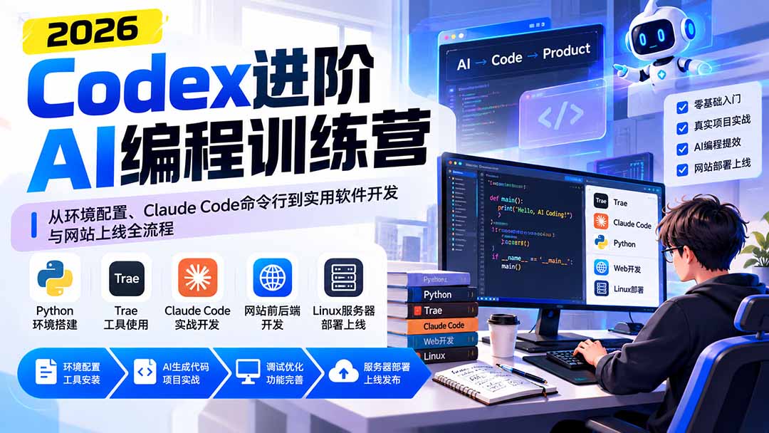 Codex进阶AI编程训练营:从环境配置、Claude Code命令行到实用软件开发与网站上线全流程-源创文化