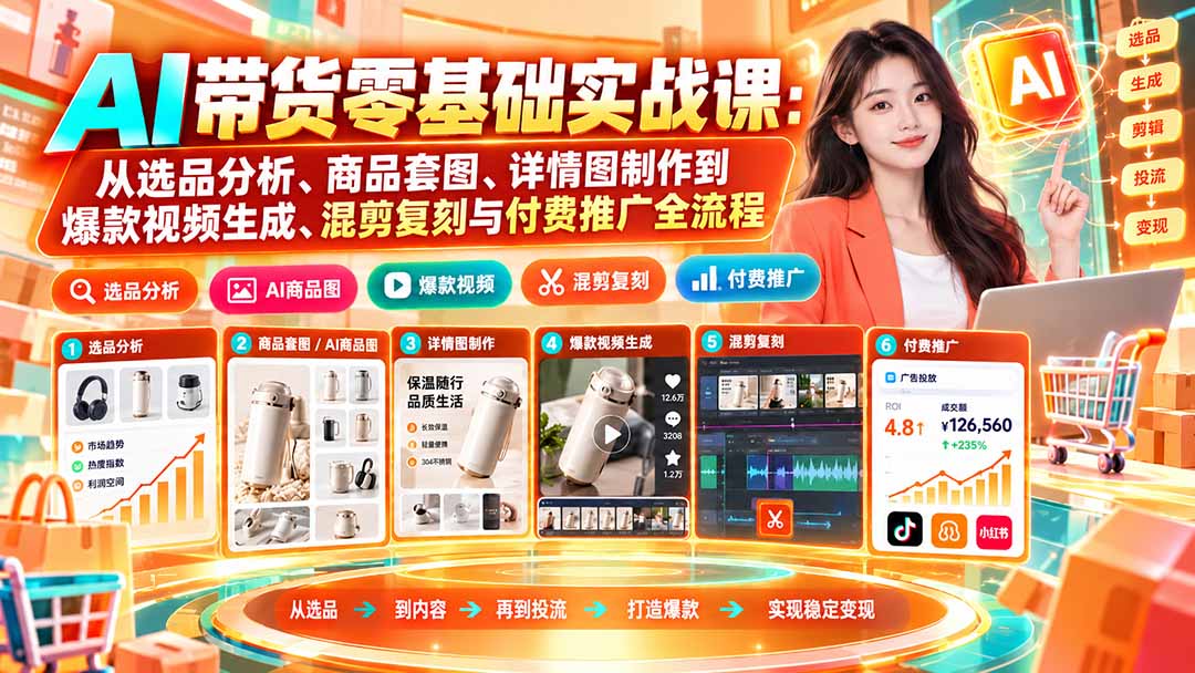 AI带货零基础实战课:从选品分析、商品套图、详情图制作到爆款视频生成、混剪复刻与付费推广全流程-源创文化