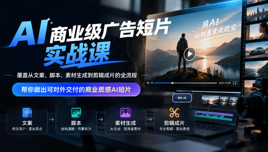 AI商业级广告短片实战课,覆盖从文案、脚本、素材生成到剪辑成片的全流程,帮你做出可对外交付的商业质感AI短片-源创文化