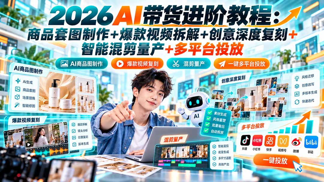 2026AI带货进阶教程:商品套图制作+爆款视频拆解+创意深度复刻+智能混剪量产+多平台投放-源创文化