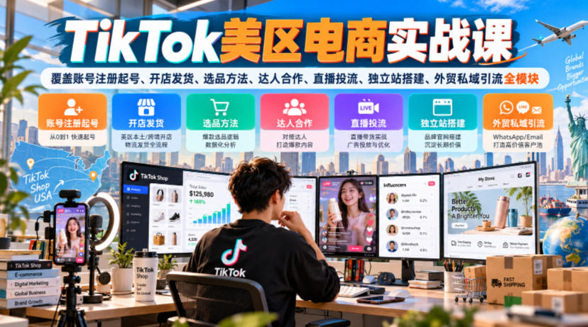 TikTok美区电商实战课,覆盖账号注册起号、开店发货、选品方法、达人合作、直播投流、独立站搭建、外贸私域引流全模块-源创文化