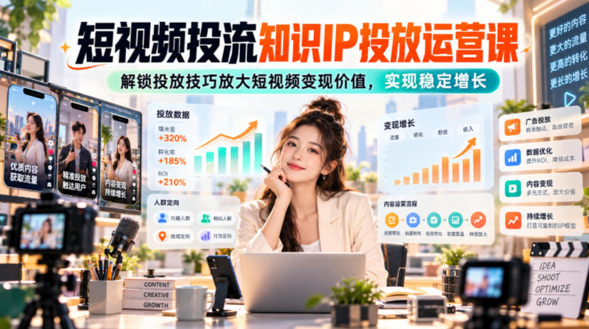 短视频投流知识IP投放运营课,解锁投放技巧放大短视频变现价值,实现稳定增长-源创文化