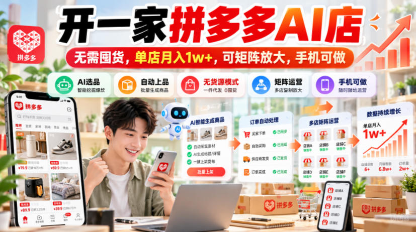开一家拼多多AI店,无需囤货,单店月入1w+,可矩阵放大,手机可做【揭秘】-源创文化