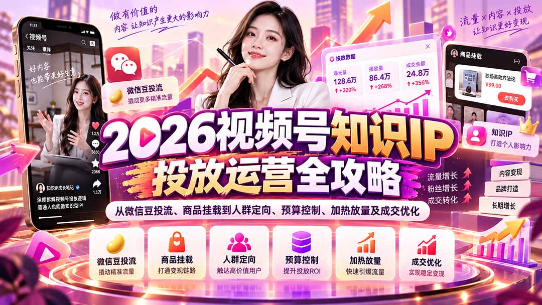 2026视频号知识IP投放运营全攻略:从微信豆投流、商品挂载到人群定向、预算控制、加热放量及成交优化-源创文化