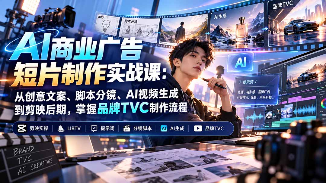 AI商业广告短片制作实战课:从创意文案、脚本分镜、AI视频生成到剪映后期,掌握品牌TVC制作流程-源创文化