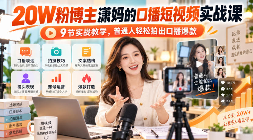 20W粉博主潇妈的口播短视频实战课,9节实战教学,普通人轻松拍出口播爆款-源创文化