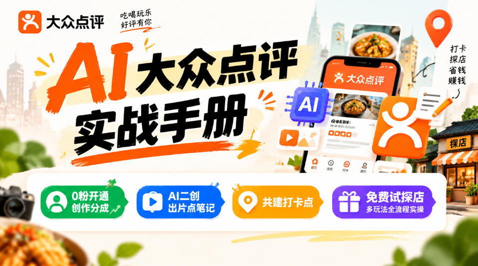 某局的AI大众点评实战手册，0粉开通创作分成、AI二创出片点笔记、共建打卡点、免费试探店多玩法全流程实操-源创文化