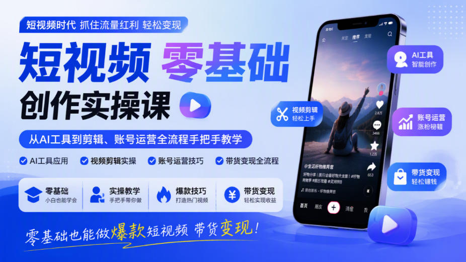 短视频零基础创作实操课,从AI工具到剪辑、账号运营全流程手把手教学,零基础也能做爆款短视频带货变现-源创文化