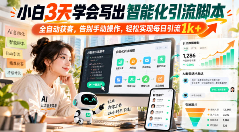 小白3天学会写出智能化引流脚本，全自动获客，告别手动操作，轻松实现每日引流1k+-源创文化