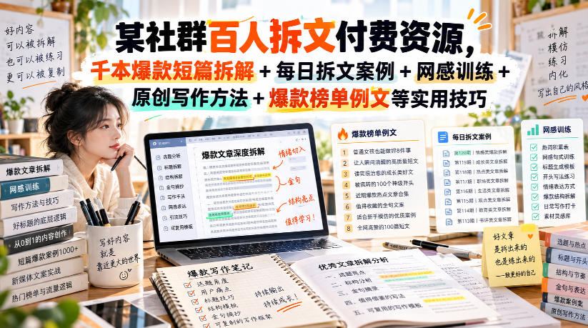 (无水印)某社群百人拆文付费资源，千本爆款短篇拆解+每日拆文案例+网感训练+原创写作方法+爆款榜单例文等实用技巧(更新1009)-源创文化