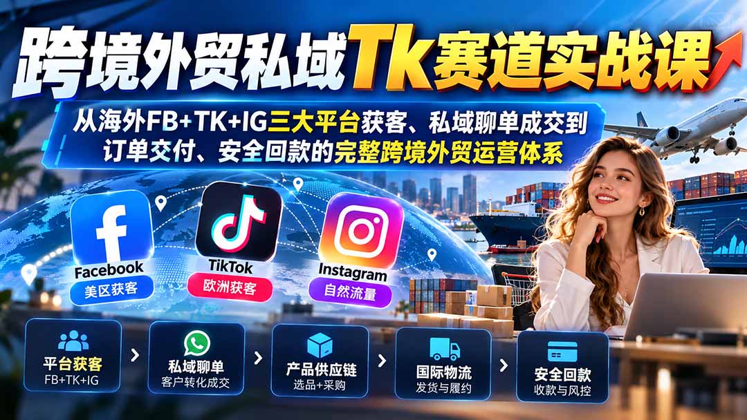 跨境外贸私域Tk赛道实战课:从海外FB+TK+IG三大平台获客、私域聊单成交到订单交付、安全回款的完整跨境外贸运营体系-源创文化