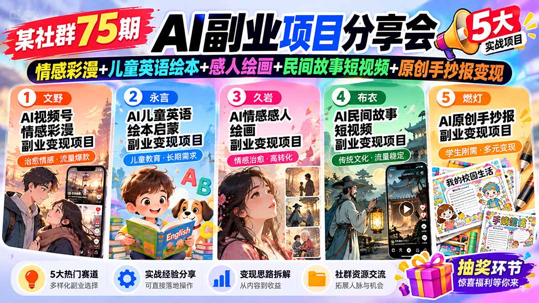 某社群75期AI副业项目分享会：情感彩漫+儿童英语绘本+感人绘画+民间故事短视频+原创手抄报变现-源创文化