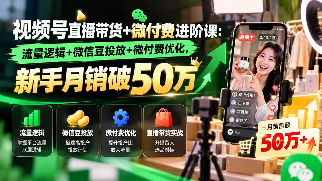 视频号直播带货+微付费进阶课-更新1010：流量逻辑+微信豆投放+微付费优化，新手月销破50万-源创文化