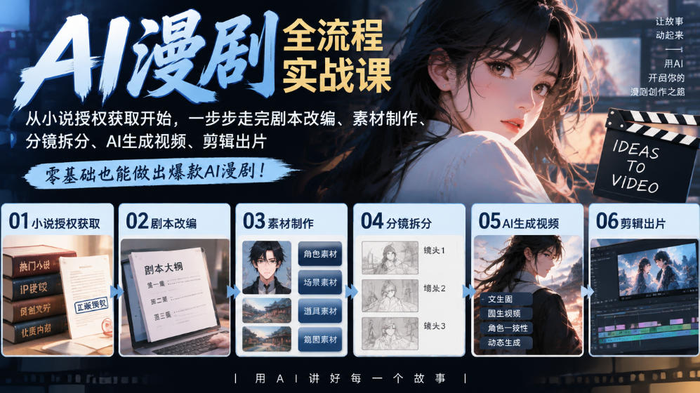 AI漫剧全流程实战课|从小说授权获取开始,一步步走完剧本改编、素材制作、分镜拆分、AI生成视频、剪辑出片全流程-源创文化