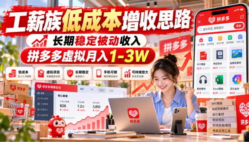 工薪族低成本增收思路，长期稳定被动收入，拼多多虚拟月入1-3W-源创文化