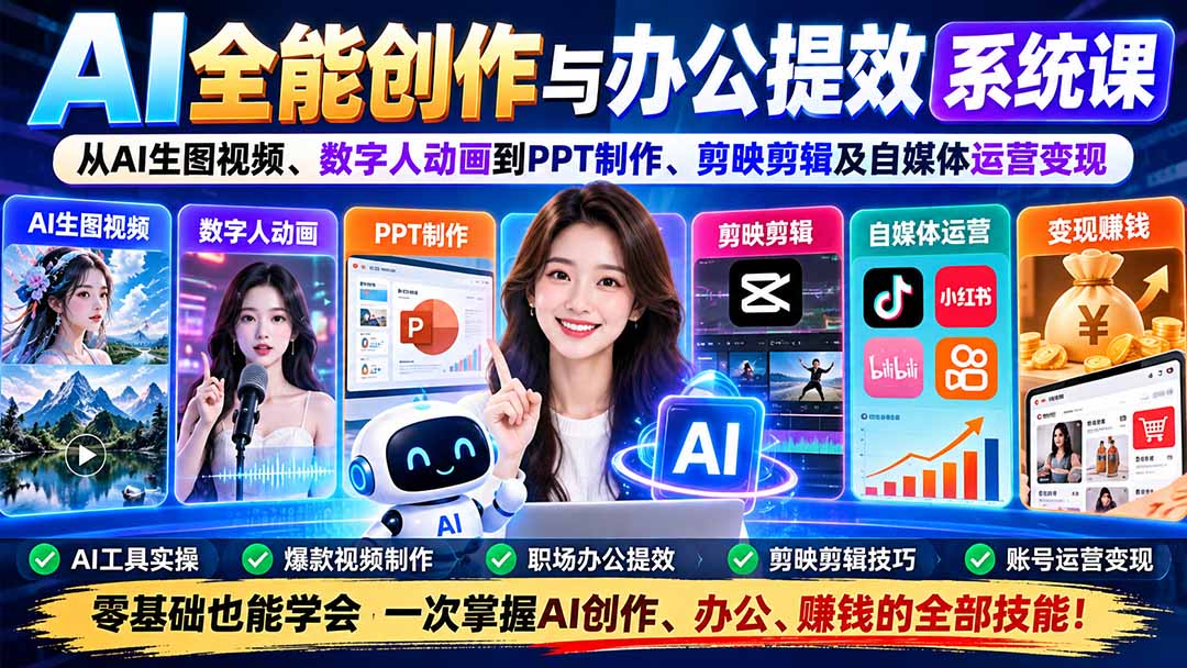 AI全能创作与办公提效系统课：从AI生图视频、数字人动画到PPT制作、剪映剪辑及自媒体运营变现-源创文化