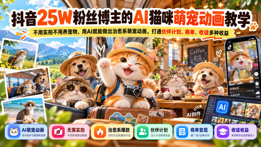 抖音25W粉丝博主的AI猫咪萌宠动画教学，不用实拍不用养宠物，用AI就能做出治愈系萌宠动画，打通伙伴计划、商单、收徒多种收益-源创文化