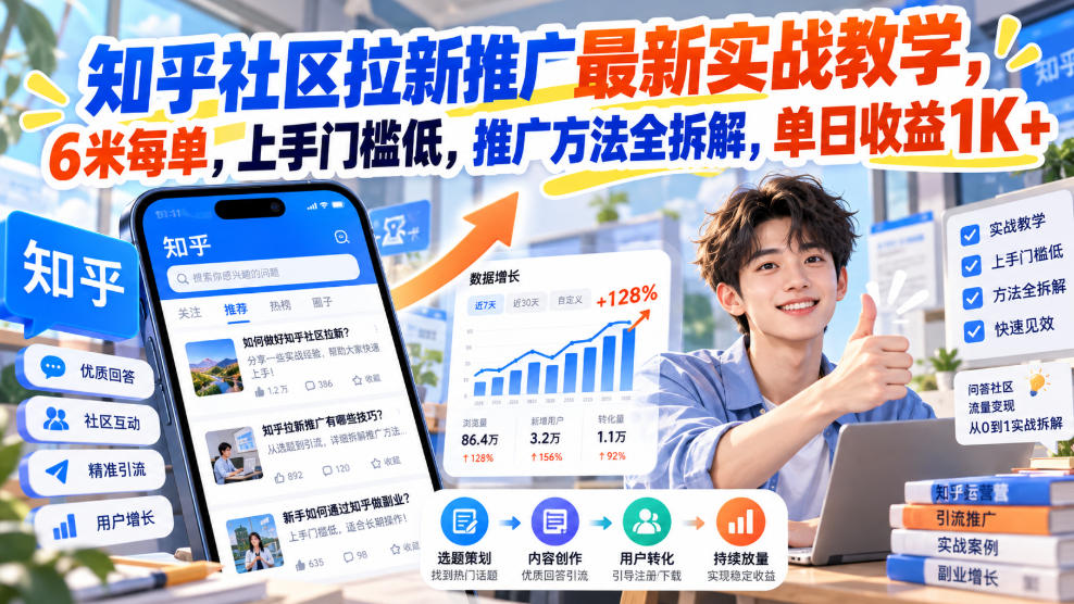 知乎社区拉新推广最新实战教学，6米每单，上手门槛低，推广方法全拆解，单日收益1K+！(更新1010)-源创文化