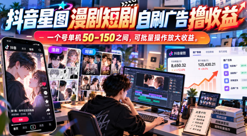 抖音星图漫剧短剧自刷广告撸收益，一个号单机50-150之间，可批量操作放大收益-源创文化