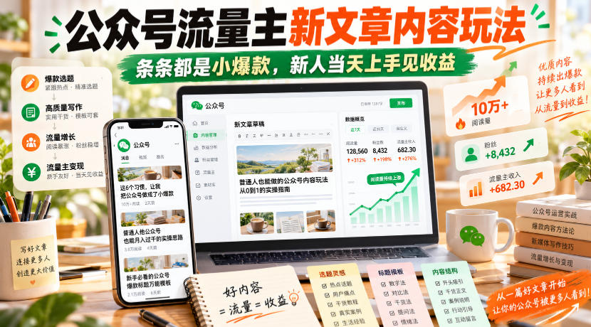 公众号流量主新文章内容玩法,条条都是小爆款,新人当天上手见收益-源创文化