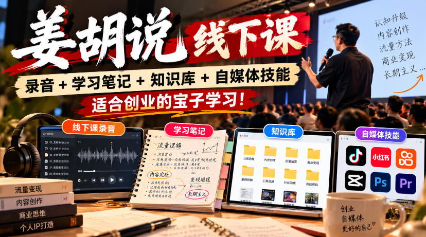 姜胡说线下课录音＋学习笔记＋知识库＋自媒体技能，​适合创业的宝子学习！-源创文化