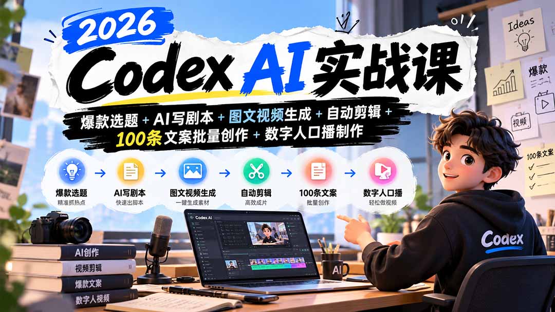 2026Codex AI实战课:爆款选题+AI写剧本+图文视频生成+自动剪辑+100条文案批量创作+数字人口播制作-源创文化