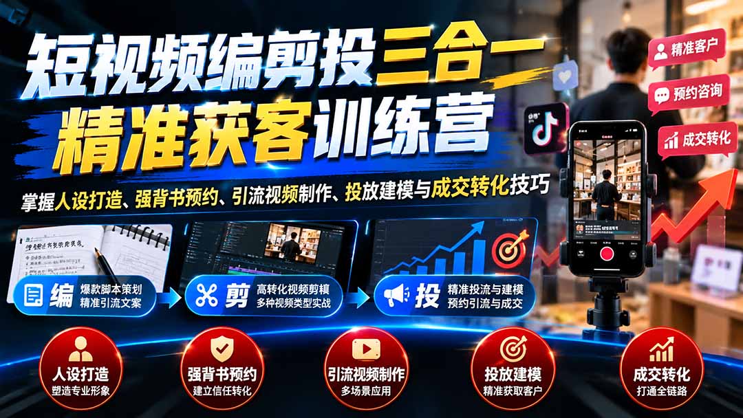 短视频编剪投三合一精准获客训练营:掌握人设打造、强背书预约、引流视频制作、投放建模与成交转化技巧-源创文化
