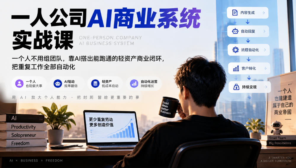 一人公司AI商业系统实战课,一个人不用组团队,靠AI搭出能跑通的轻资产商业闭环,把重复工作全部自动化-源创文化
