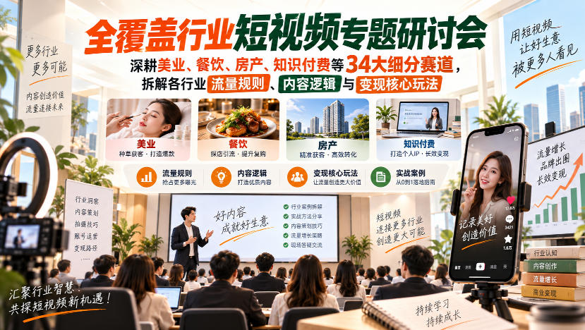 短视频专题研讨会,深耕美业、餐饮、房产、知识付费等34大细分赛道,拆解各行业流量规则、内容逻辑与变现核心玩法(更新1011)-源创文化