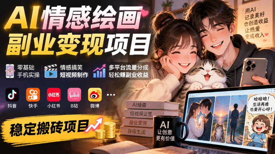 AI情感绘画副业变现项目|零基础手机实操,情感搞笑短视频制作,多平台流量分成轻松賺副业收益-源创文化