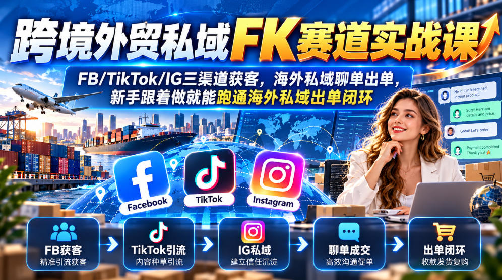 跨境外贸私域FK赛道实战课｜FB/TikTok/IG三渠道获客，海外私域聊单出单，新手跟着做就能跑通海外私域出单闭环-源创文化