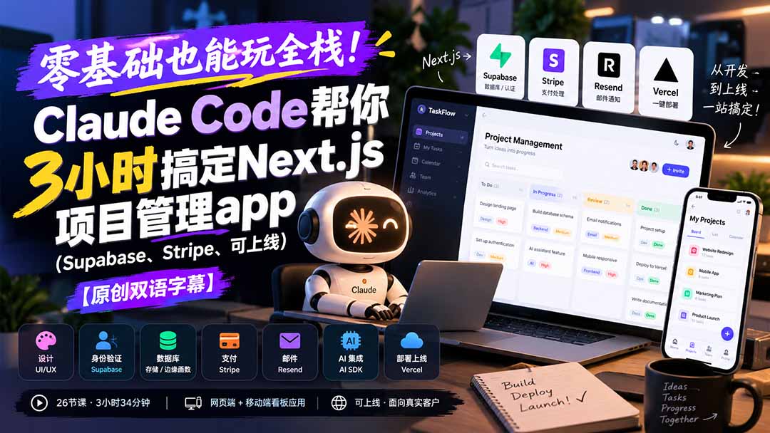 零基础也能玩全栈!Claude Code帮你3小时搞定Next.js项目管理app(Supabase、Stripe、可上线-源创文化