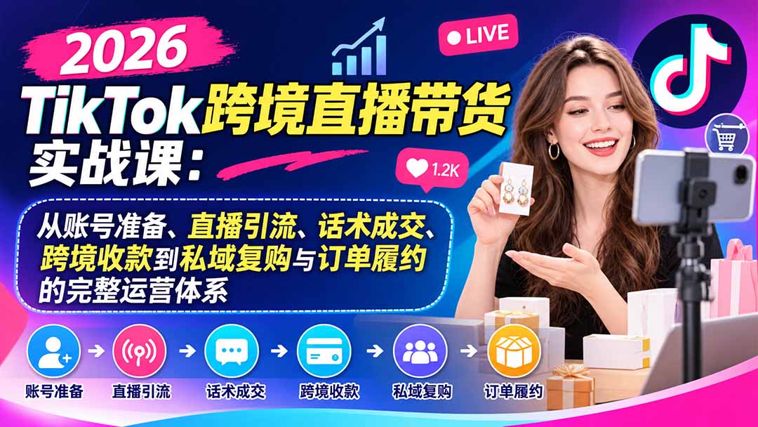 2026TikTok跨境直播带货实战课:从账号准备、直播引流、话术成交、跨境收款到私域复购与订单履约的完整运营体系-源创文化