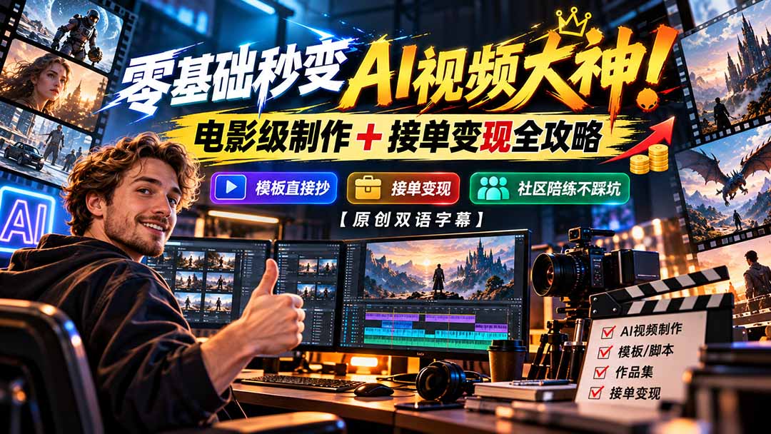 零基础秒变AI视频大神!电影级制作 + 接单变现全攻略,模板直接抄,社区陪练不踩坑【原创双语字幕】-源创文化