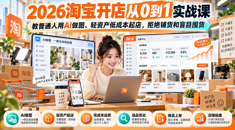 2026淘宝开店从0到1实战课,教普通人用AI做图、轻资产低成本起店,拒绝铺货和盲目囤货-源创文化