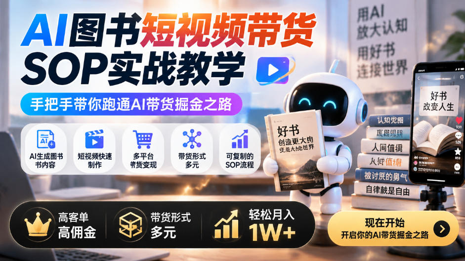 AI图书短视频带货SOP实战教学,手把手带你跑通AI带货掘金之路,高客单高佣金,带货形式多元,轻松月入1W+-源创文化