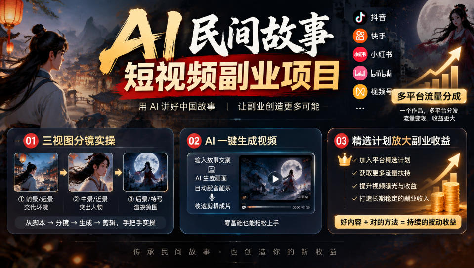 AI民间故事短视频副业项目,多平台流量分成,三视图分镜实操,精选计划放大副业收益-源创文化