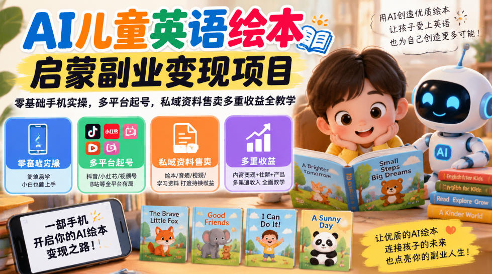 AI儿童英语绘本启蒙副业变现项目,零基础手机实操,多平台起号,私域资料售卖多重收益全教学-源创文化