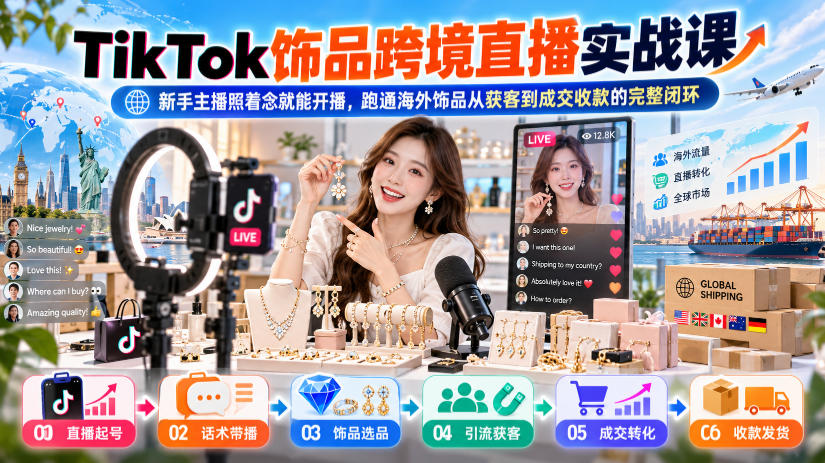 TikTok饰品跨境直播实战课,新手主播照着念就能开播,跑通海外饰品从获客到成交收款的完整闭环-源创文化