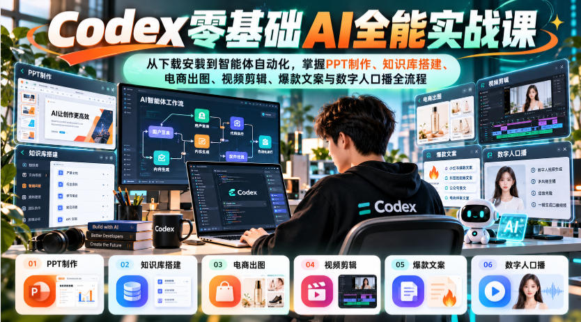 Codex零基础AI全能实战课:从下载安装到智能体自动化,掌握知识库搭建、电商出图、视频剪辑、爆款文案与数字人口播全流程-源创文化